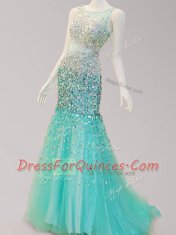 Glorious Mermaid Turquoise Prom Dress Prom and For with Beading Scoop Sleeveless Brush Train Side Zipper