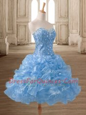 Blue A-line Beading and Ruffles Prom Evening Gown Lace Up Organza Sleeveless Mini Length