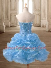 Blue A-line Beading and Ruffles Prom Evening Gown Lace Up Organza Sleeveless Mini Length