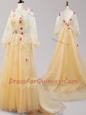Scoop Backless Gold Long Sleeves Brush Train Appliques Prom Evening Gown