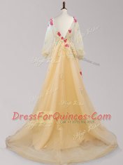 Scoop Backless Gold Long Sleeves Brush Train Appliques Prom Evening Gown