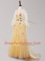 Scoop Backless Gold Long Sleeves Brush Train Appliques Prom Evening Gown