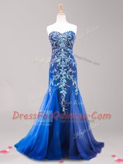 Sophisticated Mermaid Royal Blue Prom Gown Tulle Brush Train Sleeveless Beading and Appliques