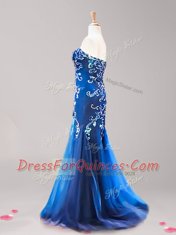Sophisticated Mermaid Royal Blue Prom Gown Tulle Brush Train Sleeveless Beading and Appliques