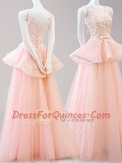 Super Peach A-line Scoop Sleeveless Tulle Floor Length Backless Appliques and Belt Prom Dresses