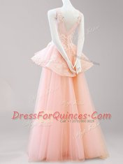 Super Peach A-line Scoop Sleeveless Tulle Floor Length Backless Appliques and Belt Prom Dresses