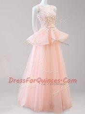 Super Peach A-line Scoop Sleeveless Tulle Floor Length Backless Appliques and Belt Prom Dresses
