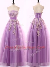 Glorious Sleeveless Tulle Floor Length Zipper Prom Dresses in Lilac with Appliques