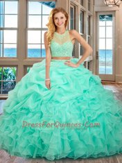 Custom Made Apple Green Sleeveless Organza Lace Up Quinceanera Dresses for Military Ball and Sweet 16 and Quinceanera