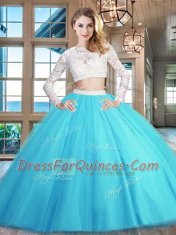 Scoop Baby Blue Two Pieces Beading and Lace Sweet 16 Dress Zipper Tulle Long Sleeves Floor Length