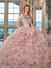 Custom Fit Scoop With Train Two Pieces Cap Sleeves Pink Sweet 16 Dress Brush Train Backless