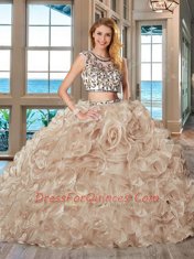 Custom Fit Scoop With Train Two Pieces Cap Sleeves Pink Sweet 16 Dress Brush Train Backless
