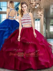 Elegant Scoop Wine Red Two Pieces Beading and Ruffles Quinceanera Gown Backless Tulle Sleeveless With Train