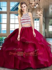 Elegant Scoop Wine Red Two Pieces Beading and Ruffles Quinceanera Gown Backless Tulle Sleeveless With Train
