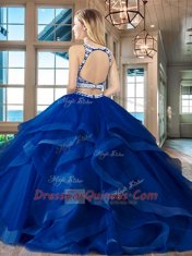 Elegant Scoop Wine Red Two Pieces Beading and Ruffles Quinceanera Gown Backless Tulle Sleeveless With Train