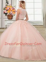 Superior Three Piece Tulle Scoop Sleeveless Zipper Beading and Appliques Sweet 16 Quinceanera Dress in Aqua Blue