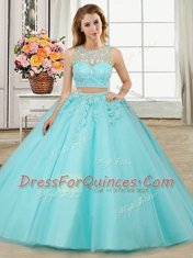 Superior Three Piece Tulle Scoop Sleeveless Zipper Beading and Appliques Sweet 16 Quinceanera Dress in Aqua Blue