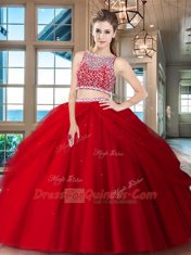 Pretty Beading and Pick Ups 15th Birthday Dress Red Side Zipper Sleeveless Floor Length