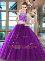 New Style Wine Red Two Pieces Beading Sweet 16 Quinceanera Dress Side Zipper Tulle Sleeveless Floor Length