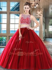 New Style Wine Red Two Pieces Beading Sweet 16 Quinceanera Dress Side Zipper Tulle Sleeveless Floor Length