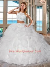White Sleeveless Beading and Ruffles Floor Length 15th Birthday Dress