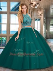 Trendy Dark Green Tulle Backless Scoop Sleeveless Floor Length Sweet 16 Dresses Beading