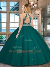 Trendy Dark Green Tulle Backless Scoop Sleeveless Floor Length Sweet 16 Dresses Beading