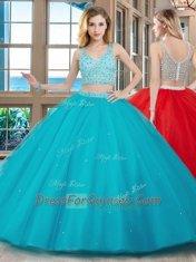 With Train Two Pieces Sleeveless Aqua Blue Quinceanera Gown Brush Train Zipper