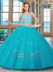 With Train Two Pieces Sleeveless Aqua Blue Quinceanera Gown Brush Train Zipper