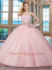 With Train Two Pieces Sleeveless Aqua Blue Quinceanera Gown Brush Train Zipper