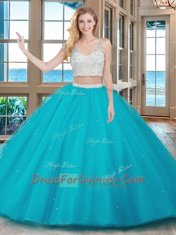 With Train Two Pieces Sleeveless Aqua Blue Quinceanera Gown Brush Train Zipper