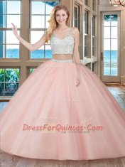 With Train Two Pieces Sleeveless Aqua Blue Quinceanera Gown Brush Train Zipper