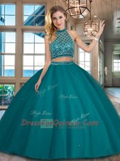 Halter Top Floor Length Backless Sweet 16 Dresses Teal for Military Ball and Sweet 16 and Quinceanera with Beading