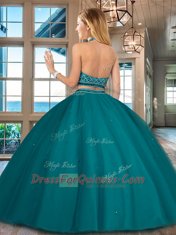 Halter Top Floor Length Backless Sweet 16 Dresses Teal for Military Ball and Sweet 16 and Quinceanera with Beading