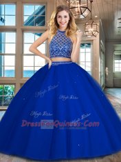 Classical Royal Blue Halter Top Neckline Beading 15th Birthday Dress Sleeveless Backless