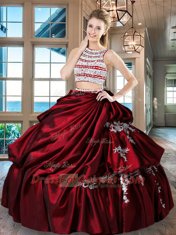 Admirable Scoop Wine Red Backless Ball Gown Prom Dress Beading and Appliques and Pick Ups Sleeveless Floor Length