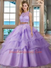 Lovely Scoop Lavender Two Pieces Beading and Appliques and Ruffled Layers Quince Ball Gowns Zipper Tulle Sleeveless Floor Length