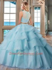 Lovely Scoop Lavender Two Pieces Beading and Appliques and Ruffled Layers Quince Ball Gowns Zipper Tulle Sleeveless Floor Length