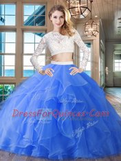Beautiful Scoop Long Sleeves Zipper Sweet 16 Dress Blue for Military Ball and Sweet 16 and Quinceanera with Beading and Lace and Ruffles Brush Train