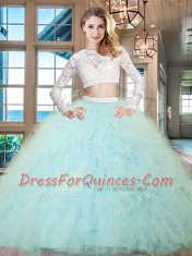 Adorable Floor Length Light Blue Quinceanera Dress Scoop Long Sleeves Zipper