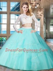 Adorable Aqua Blue Zipper Scoop Beading and Lace and Ruffles Quinceanera Gown Tulle Long Sleeves