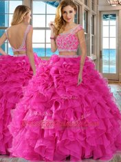 Hot Pink Organza Backless Scoop Cap Sleeves Floor Length 15 Quinceanera Dress Beading and Ruffles