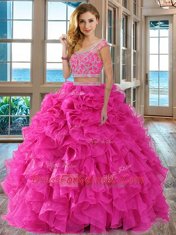Hot Pink Organza Backless Scoop Cap Sleeves Floor Length 15 Quinceanera Dress Beading and Ruffles