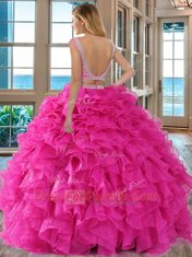 Hot Pink Organza Backless Scoop Cap Sleeves Floor Length 15 Quinceanera Dress Beading and Ruffles