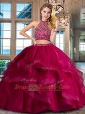 Graceful Backless Halter Top Sleeveless Sweet 16 Quinceanera Dress Brush Train Beading and Ruffles Fuchsia Tulle