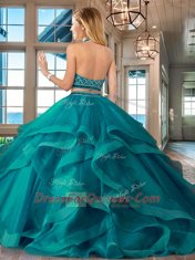 Graceful Backless Halter Top Sleeveless Sweet 16 Quinceanera Dress Brush Train Beading and Ruffles Fuchsia Tulle