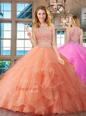 Cute Peach Two Pieces Scoop Sleeveless Organza Floor Length Backless Beading and Ruffles Vestidos de Quinceanera