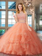 Cute Peach Two Pieces Scoop Sleeveless Organza Floor Length Backless Beading and Ruffles Vestidos de Quinceanera