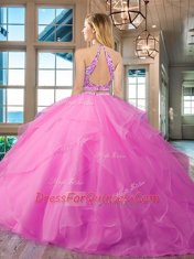 Cute Peach Two Pieces Scoop Sleeveless Organza Floor Length Backless Beading and Ruffles Vestidos de Quinceanera
