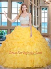 Custom Designed Sleeveless Beading and Ruffles and Pick Ups Zipper Ball Gown Prom Dress